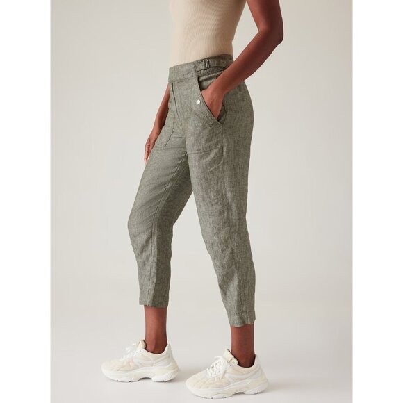 Athleta 10 Voyager Linen Pant Cropped Aspen Olive Green GUC - Picture 1 of 6